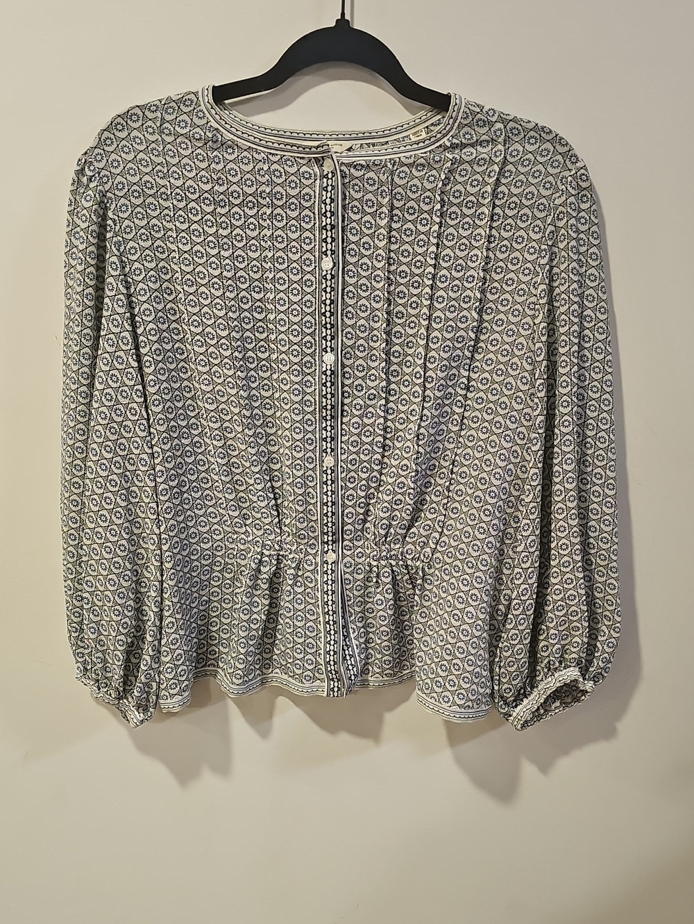 Max Studio Navy and White Printed Button-Front Blouse